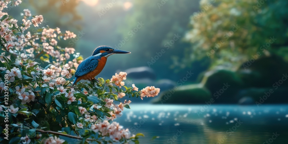 Kingfisher on flowering bush by river, tranquil spring scene. Nature poster Kingfisher on flowering bush by river, tranquil spring scene. Nature poster