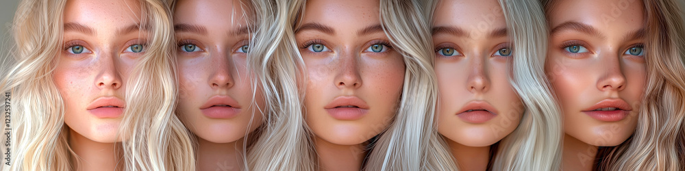 Five women with blonde hair and similar features. Five women with blonde hair and similar features.