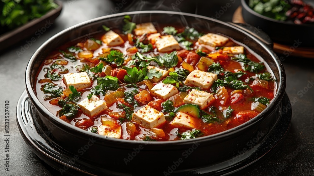 Vibrant bowl of spicy vegetable stew with tofu, garnished with fresh herbs, on a rustic table Vibrant bowl of spicy vegetable stew with tofu, garnished with fresh herbs, on a rustic table