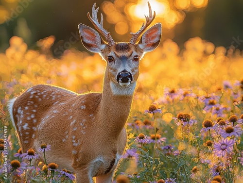 Young Deer amidst Vibrant Wildflowers at Golden Sunset in a Peaceful Forest Landscape Wildlife Photography photo