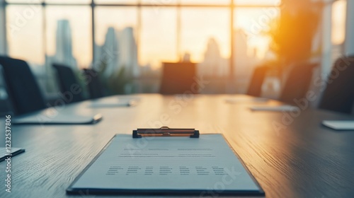 Modern Conference Room with Sunset View and Clipboard on Table