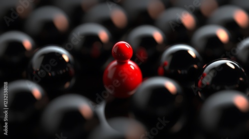 Conceptual image of a single red figure standing out among black spheres, symbolizing the identifica