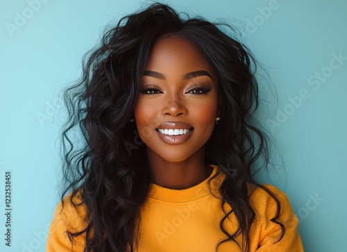 Bright smile of a woman with curly hair against a blue background in a cozy, ...
