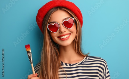 Enjoying creative expression with heart-shaped sunglasses and a paintbrush in...