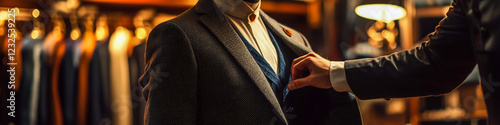 A tailor adjusts a three-piece suit in a dimly lit shop. photo