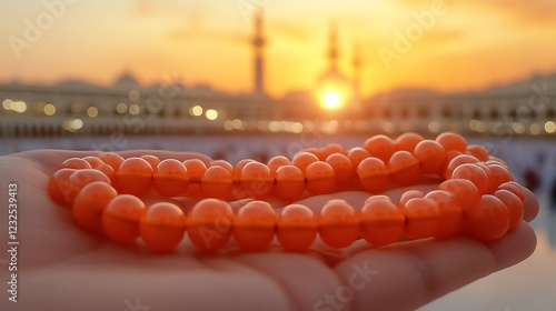 Amber Prayer Beads Held At Sunset Mosque Background photo