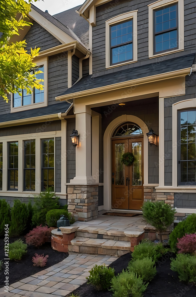 Obraz premium Luxury Home Exterior: Gray Siding, Stone Accents, and Landscaped Garden