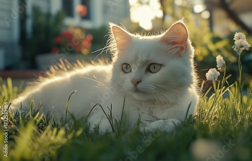 White cat relaxing in sunlit garden with flowers during golden hour
