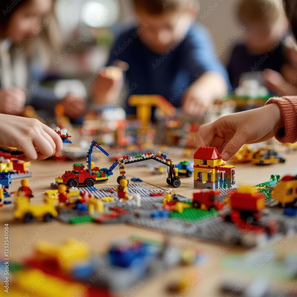 Kids engaging in collaborative play while constructing with colorful building blocks in a spacious indoor setting. Generative AI Kids engaging in collaborative play while constructing with colorful building blocks in a spacious indoor setting. Generative AI