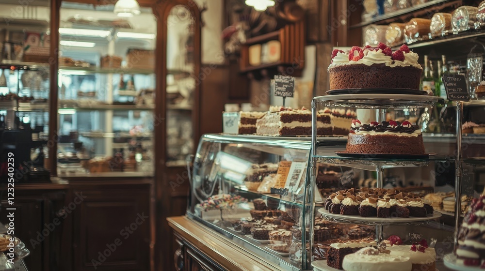 Fototapeta premium Delicious Cakes Displayed in a Traditional Bakery Setting