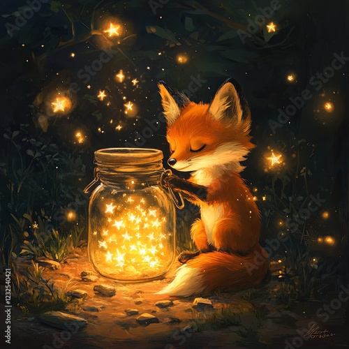 Adorable Fox Holding a Jar of Magical Fireflies in Enchanted Forest | Fantasy Animal, Whimsical Illustration, Fairytale Scene photo