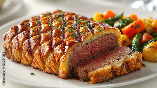 Juicy roasted beef Wellington served on a white plate with colorful vegetables in the background
