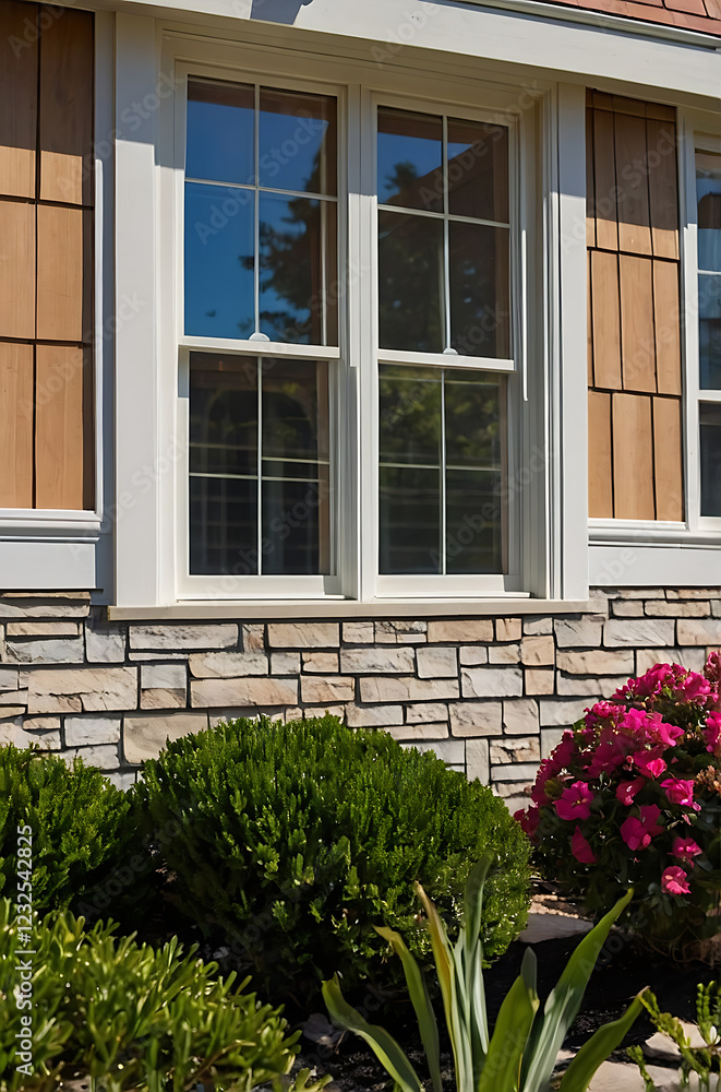 Stunning Home Exterior with Modern Window Design and Landscaping. High-quality stonework and wood siding create a beautiful and inviting curb appeal. Stunning Home Exterior with Modern Window Design and Landscaping. High-quality stonework and wood siding create a beautiful and inviting curb appeal.