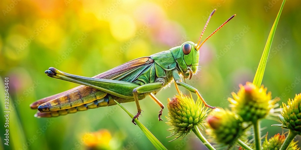Green Grasshopper in Lush Meadow - Nature Stock Photo Green Grasshopper in Lush Meadow - Nature Stock Photo