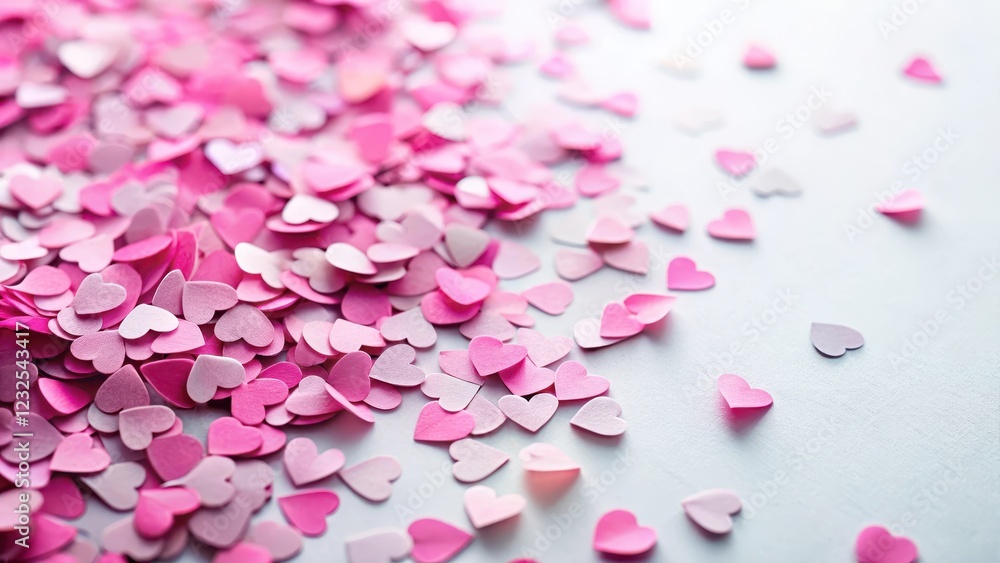 Colorful pink heart-shaped paper confetti scattered on a white background, with subtle texture and soft focus effect, festive atmosphere, celebration theme Colorful pink heart-shaped paper confetti scattered on a white background, with subtle texture and soft focus effect, festive atmosphere, celebration theme