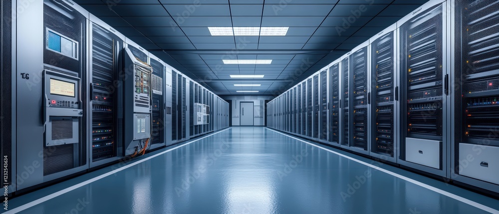 Fototapeta premium Long hallway with rows of servers in a data center illustrating technology and modern infrastructure