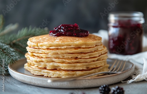 Stack of fluffy pancakes topped with berry jam and served with a fork on a ru...