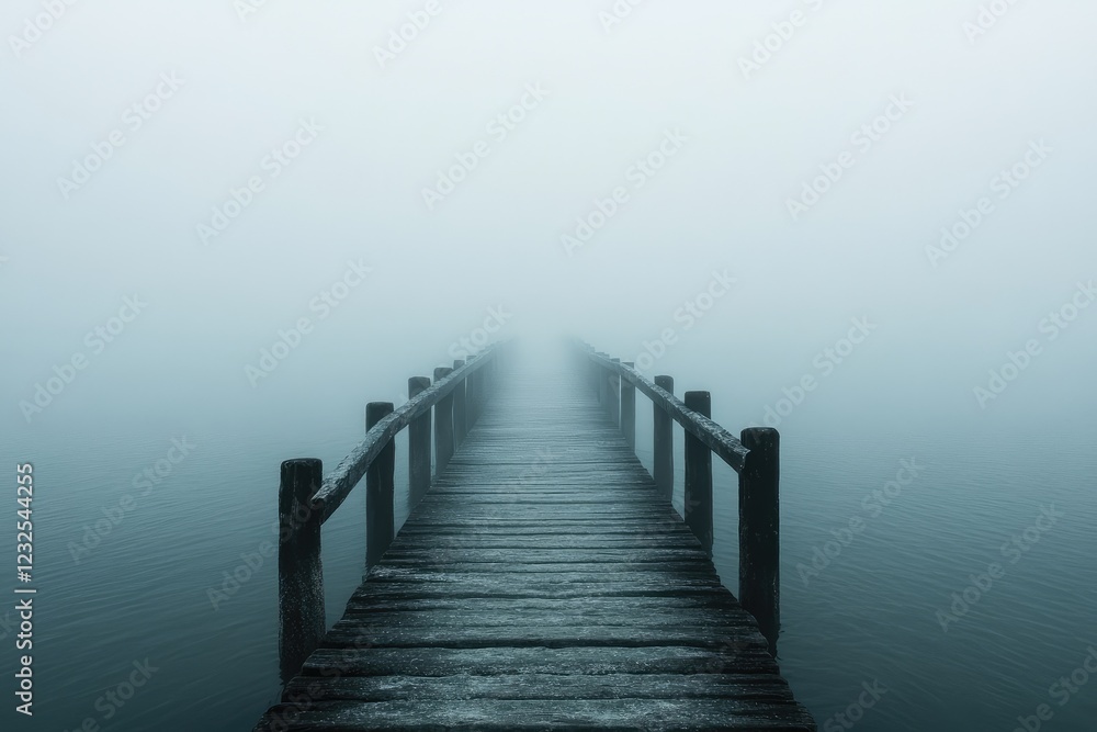 A solitary bridge shrouded in thick fog, its distant end disappearing into the misty unknown A solitary bridge shrouded in thick fog, its distant end disappearing into the misty unknown