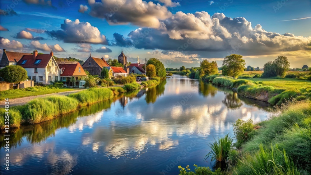 Fototapeta premium Diksmuide, Belgium: Stunning Yser River landscape captured in vivid photorealistic detail.