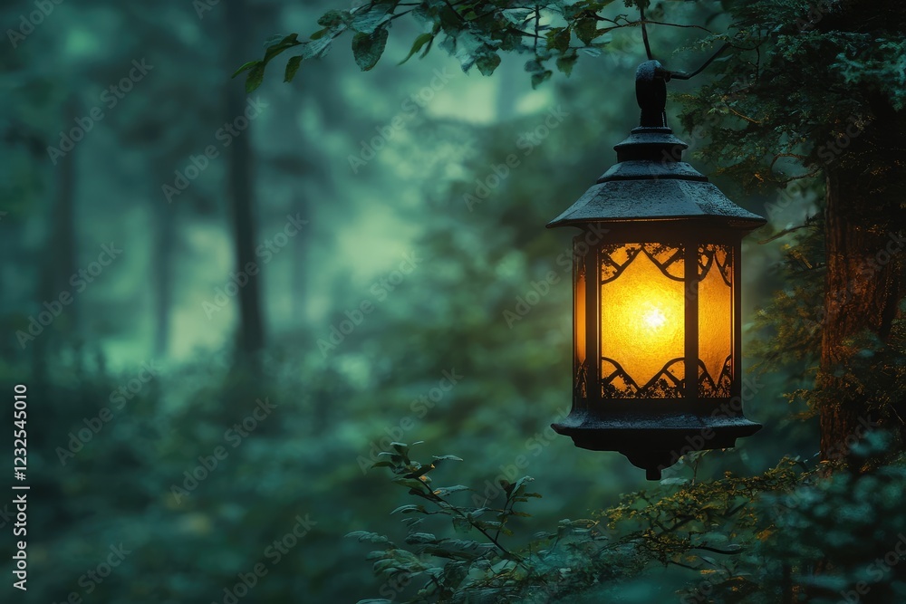 A solitary lantern glowing softly in a misty forest, casting a warm, inviting light A solitary lantern glowing softly in a misty forest, casting a warm, inviting light