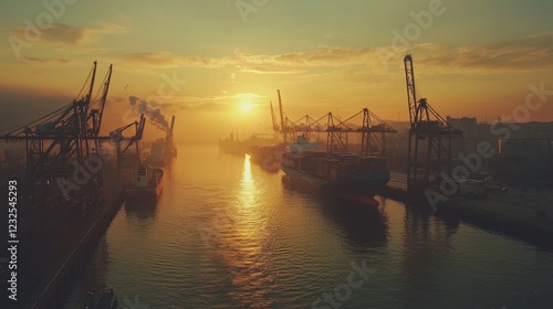 Sunset Over Industrial Port with Cranes and Cargo Ships