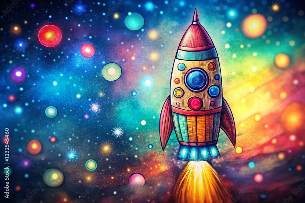 Hand-Drawn Space Rocket with Bokeh Background - Stock Photo Hand-Drawn Space Rocket with Bokeh Background - Stock Photo