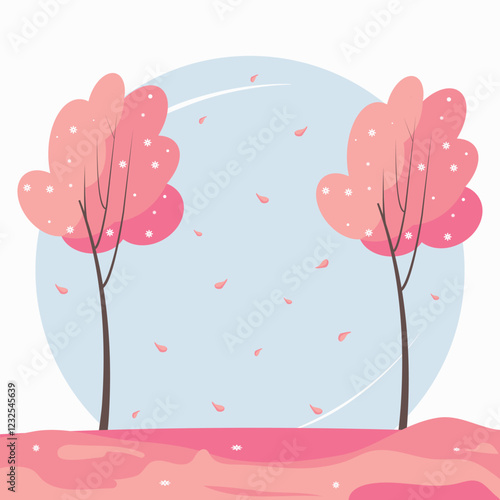 Beautiful spring landscape with blooming trees. Vector flat minimalistic illustration.
