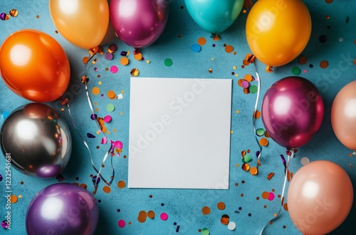 Colorful balloons and confetti surround a blank card on a blue background for...