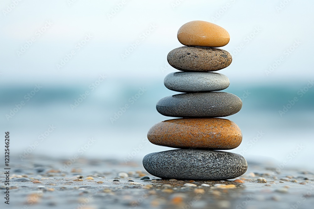 Fototapeta premium A stack of pebbles arranged in perfect balance on a smooth, polished surface, symbolizing harmony and stability