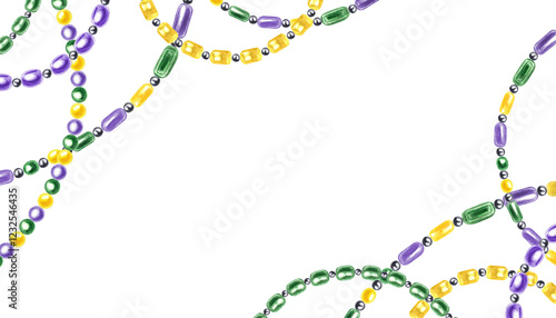 Green, purple, yellow bead strings in colors of Mardi Gras festival watercolor horizontal frame. Glass necklace garland border with copy space for text. Illustration for carnival decor