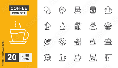 Coffee icon set. Mug, espresso, hot, machine, mocha, kitchen and more line icon.