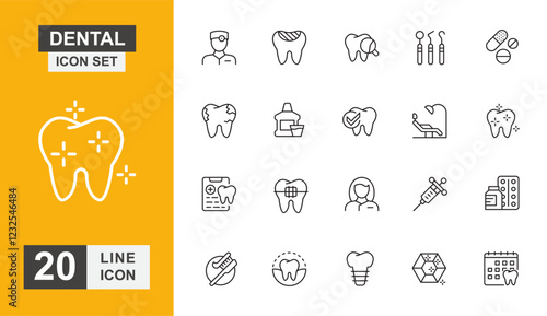 Dental icon set. Toothbrush, medicine, patient, dentist, toothpaste, dentures and more line icon.
