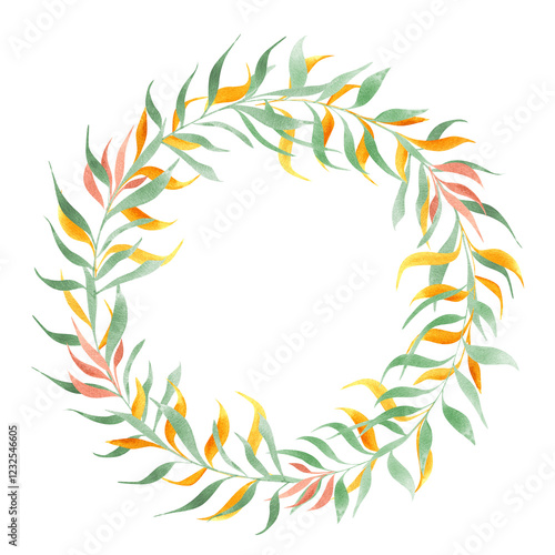 Watercolor green, orange leaf branches wreath isolated background. Abstract holiday foliage illustration with empty space for text. Round floral frame for greeting cards, invitation, kid birthday
