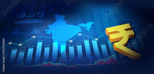 Indian financial stock exchange illustration. Indian rupee 3d rendering with indian map, graph and charts