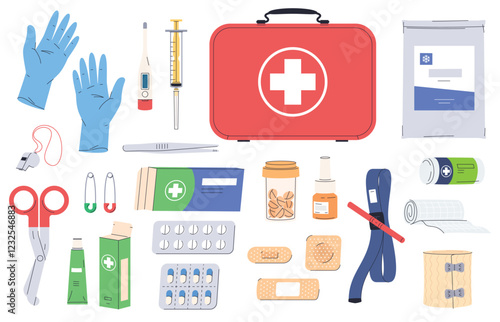 First aid kit. Items for providing medical care. Treatment of minor injuries, wounds, illnesses. Self-administration of first aid. Vector illustration