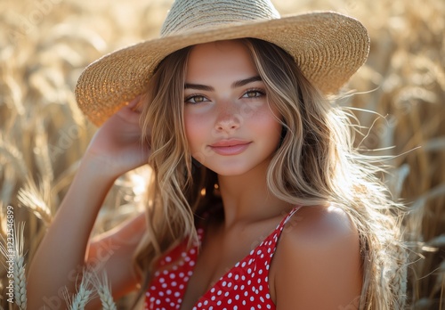 Young woman poses in golden wheat field wearing straw hat and red dress under...