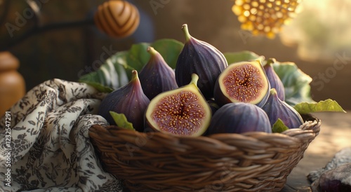 Fresh figs arranged in a woven basket on a rustic wooden table during golden ...