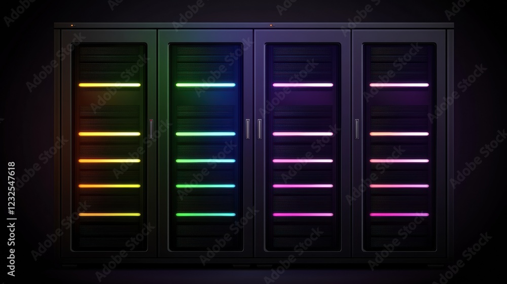 A sleek, modern server rack with colorful LED lights illuminating the panels against a dark background. A sleek, modern server rack with colorful LED lights illuminating the panels against a dark background.