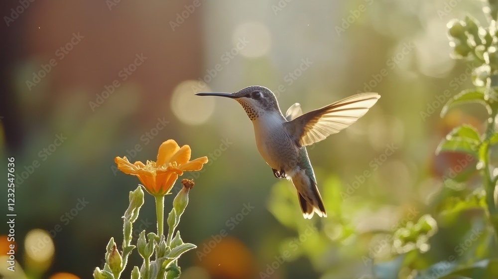 Naklejka premium Hummingbird in Flight over Orange Flower