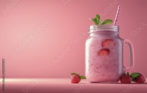 Refreshing strawberry smoothie in glass jar with mint leaves on pink background