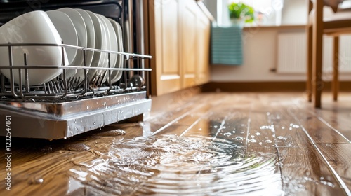Water Pooling on Kitchen Floor from Dishwasher Leak in Modern Home