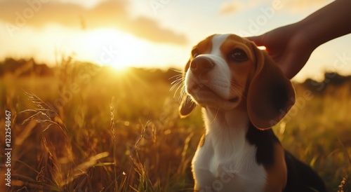 Beagle enjoys a sunset walk in a golden field with gentle petting