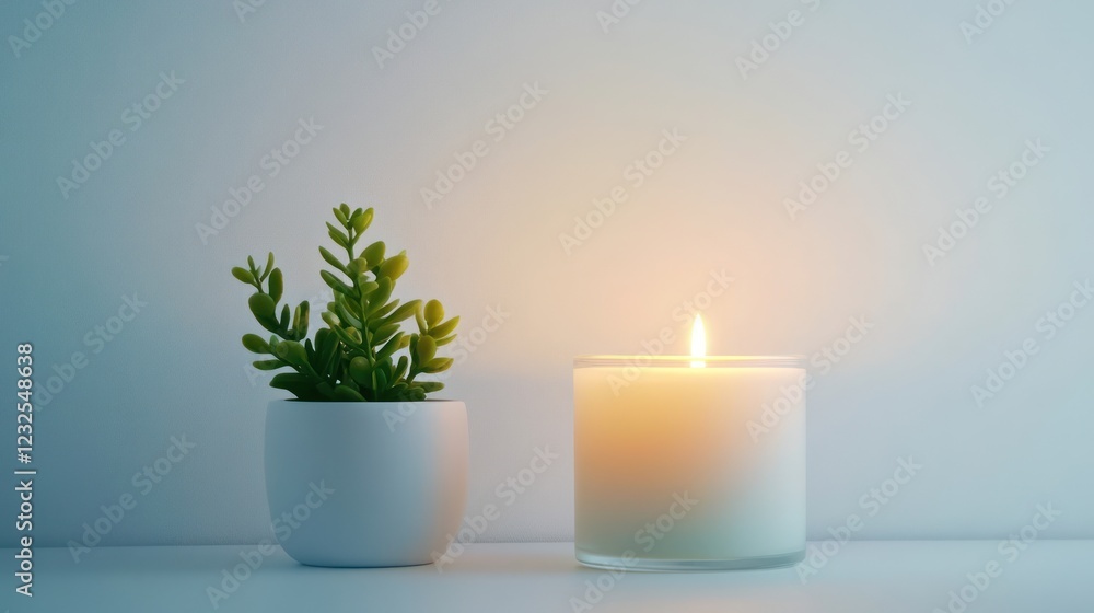 Lit candle and succulent plant on white shelf, calm background, for relaxation or spa themes Lit candle and succulent plant on white shelf, calm background, for relaxation or spa themes
