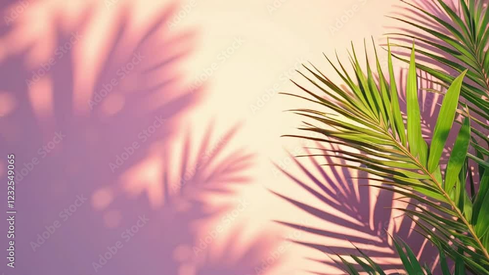colorful palm leaves with shadows on the emty wall , trendy summer colors botanical tropical multicolored leaves, slow moving video wallpaper. colorful palm leaves with shadows on the emty wall , trendy summer colors botanical tropical multicolored leaves, slow moving video wallpaper.