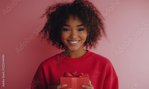 Smiling woman with curly hair holding a red gift box in front of a pink backg...