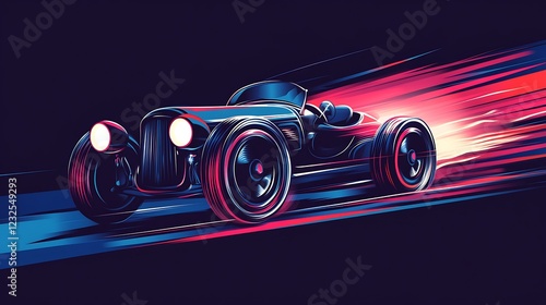 Retro car speeding, vibrant colors, dynamic action, graphic design, possible use in advertising or design projects photo