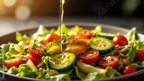 Fresh vegetable salad with olive oil drizzle	