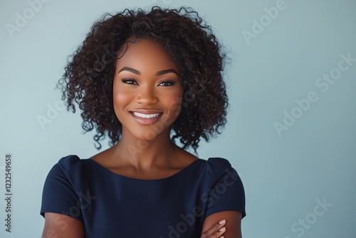 Smiling woman with curly hair poses confidently against a blue background in ...