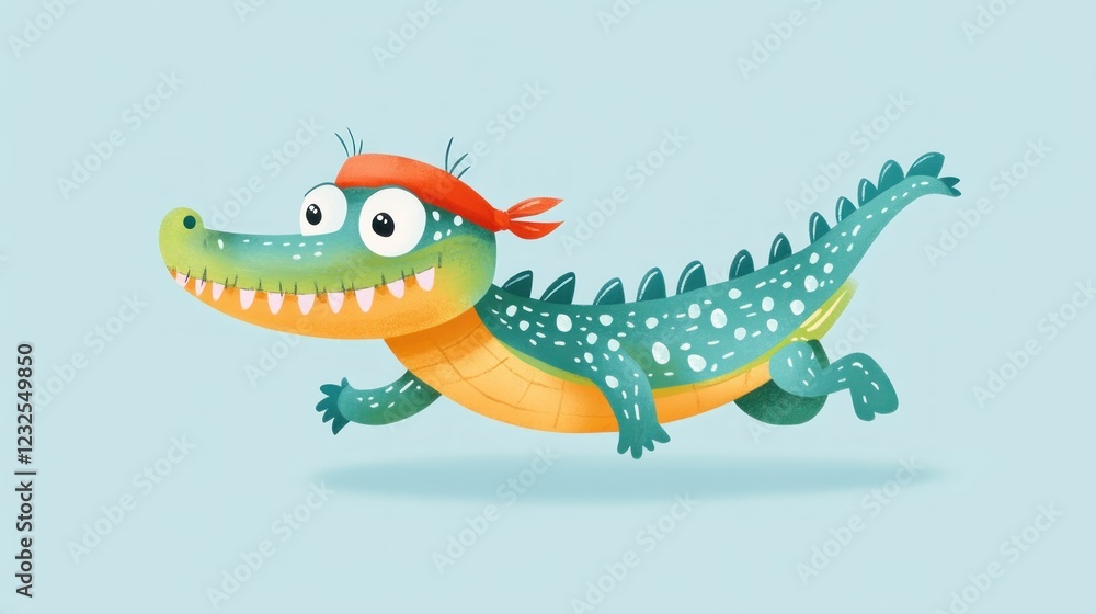Fototapeta premium Cartoon crocodile pirate swimming, light blue background, kids book illustration