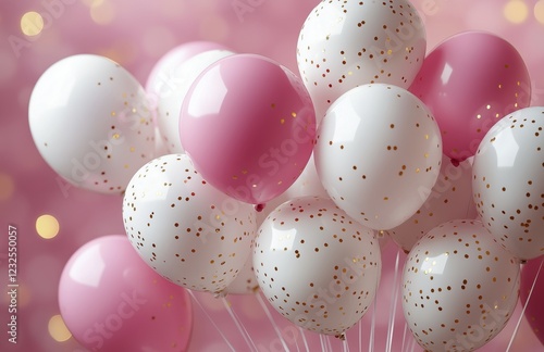 Colorful balloons with gold confetti against a soft pink background for a fes...
